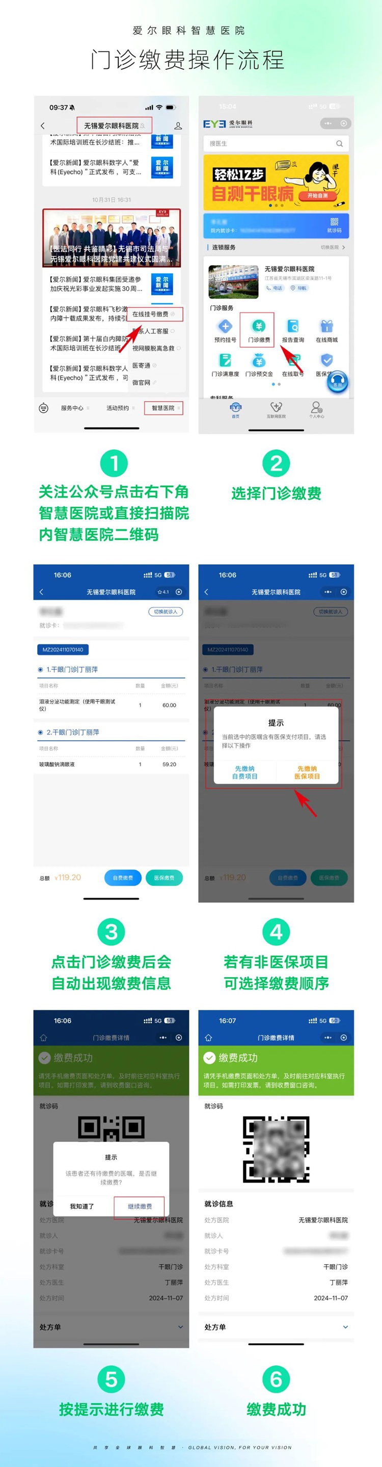 无锡爱尔眼科门诊缴费操作流程图